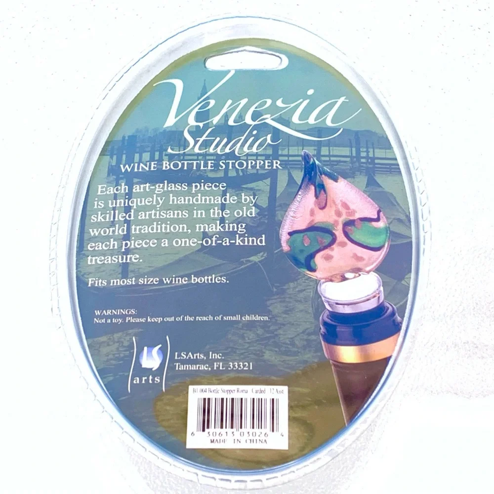 Venezia Colorful Blue and Green Shimmery Heart Studios Glass Wine Bottle Stopper